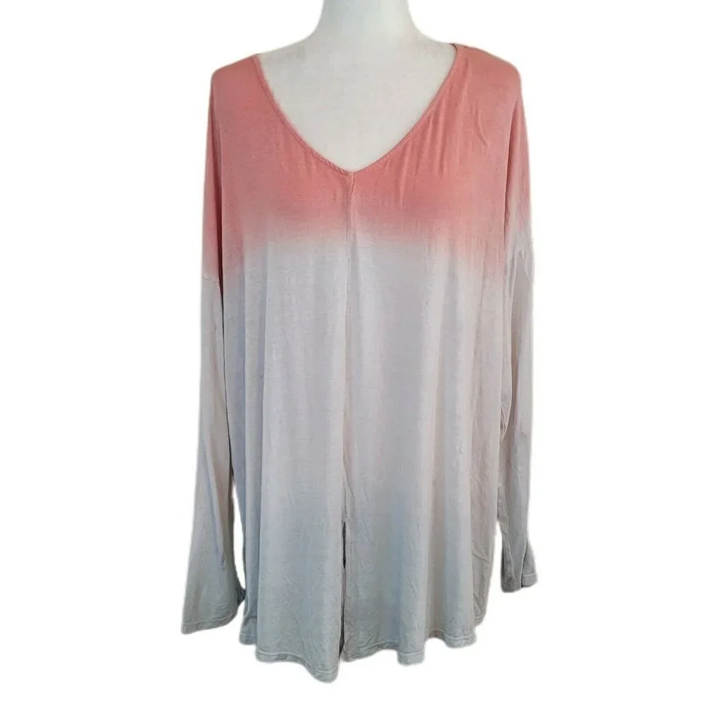 Como Blu Pink & White Ombre Two-Tone V-Neck Long Sleeve Tee Plus Size 3X - Picture 1 of 11